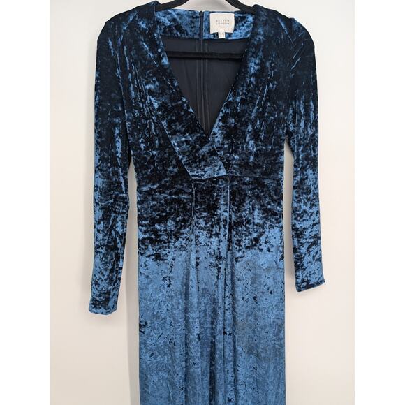 Galvan London Long-Sleeve Deep-V Hammered Velvet Cocktail Dress SZ 4 Blue #1D459 - Picture 4 of 16